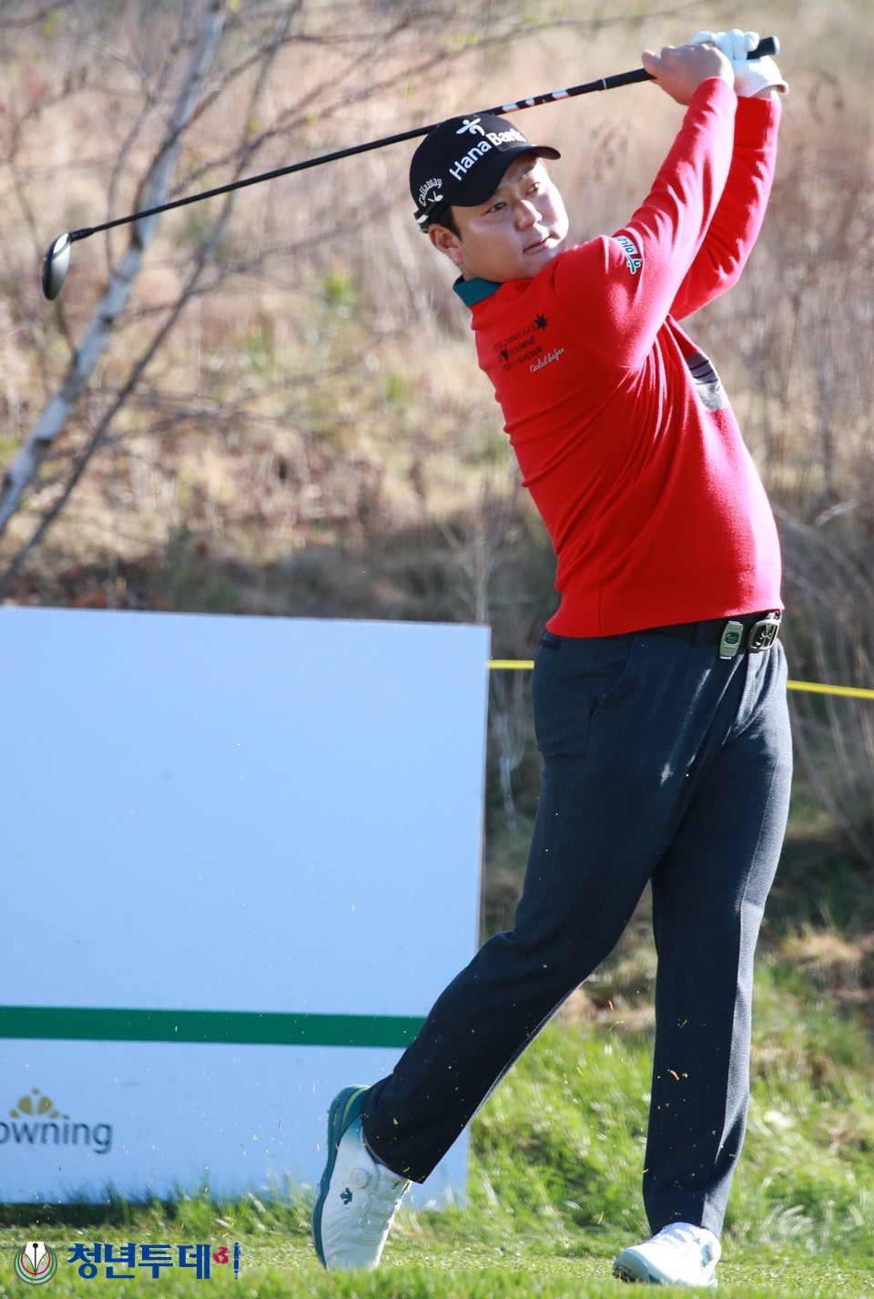 함정우가 대회 둘째날인 15일 10번홀 티샷을 하고 있다.2022.4.15.