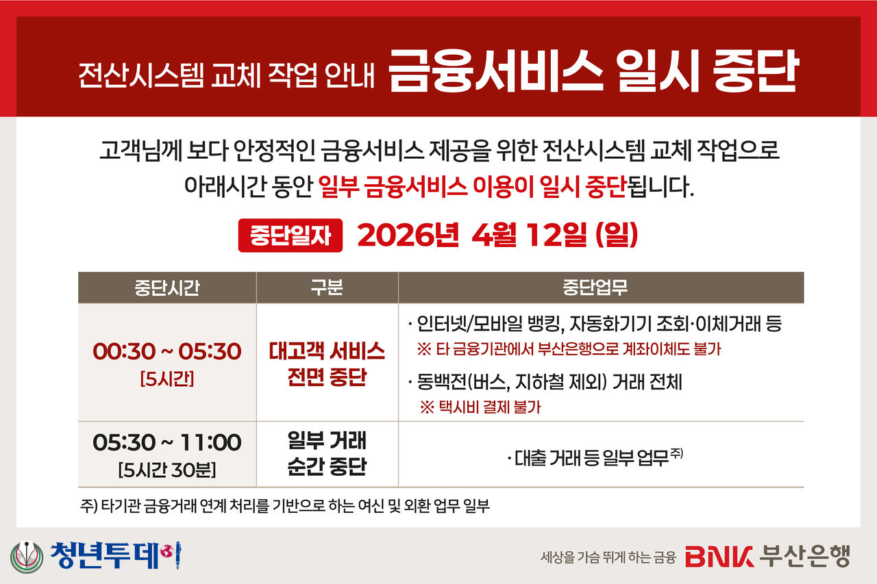 BNK부산은행, 전산시스템 작업으로 금융서비스 일시 중단 예정. 사진=BNK부산은행